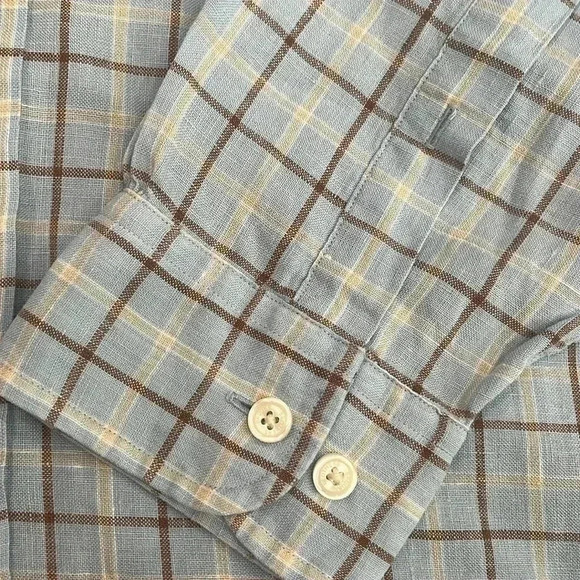 [L]Brooks Brother Irish Linen Brown Yellow  Plaid Men Button Casual Dress Shirt - Picture 2 of 7
